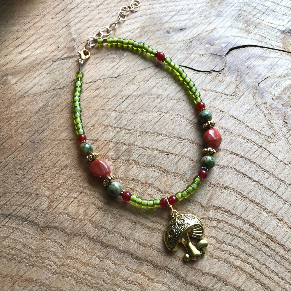Mushroom Anklet Handmade Beaded Red Jasper Unakite Gold Toned Ankle‎ Bracelet